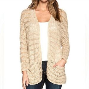 Free People Boho Linen Blend Last Night Stripe Crochet Loose Knit Cardigan